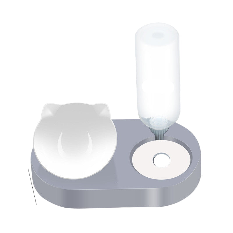 A pet bowl water dispenser in various colors featuring a bowl and a transparent water bottle integrated into the design.