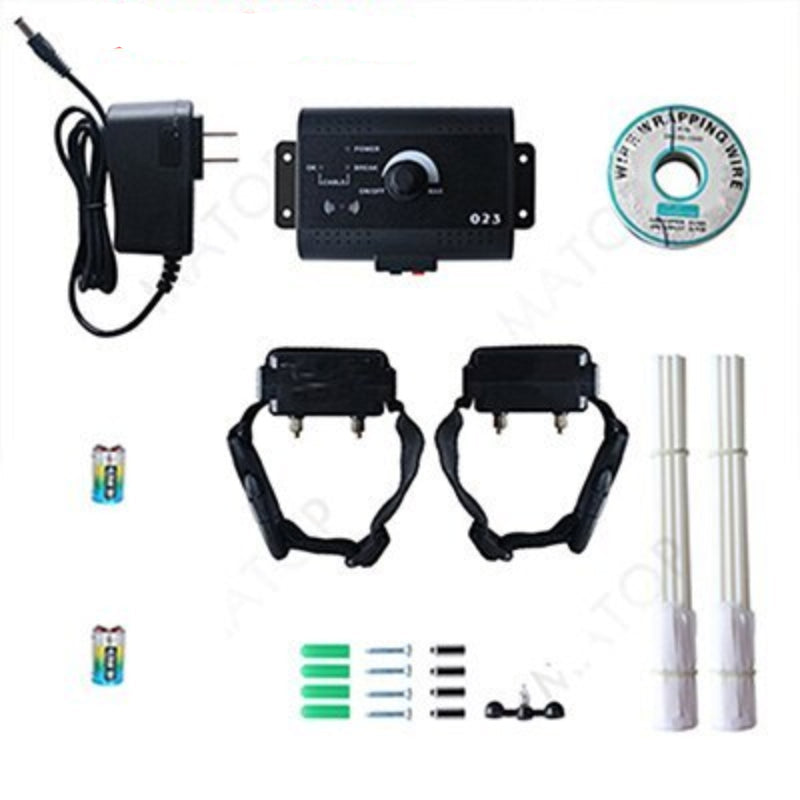 Promotional image for an electronic pet fencing system featuring a control unit, a collar, and a graphical representation of a dog within a designated fence area.