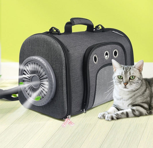 A pet carrier bag with side mesh ventilation and a built-in fan, displayed alongside a cat.