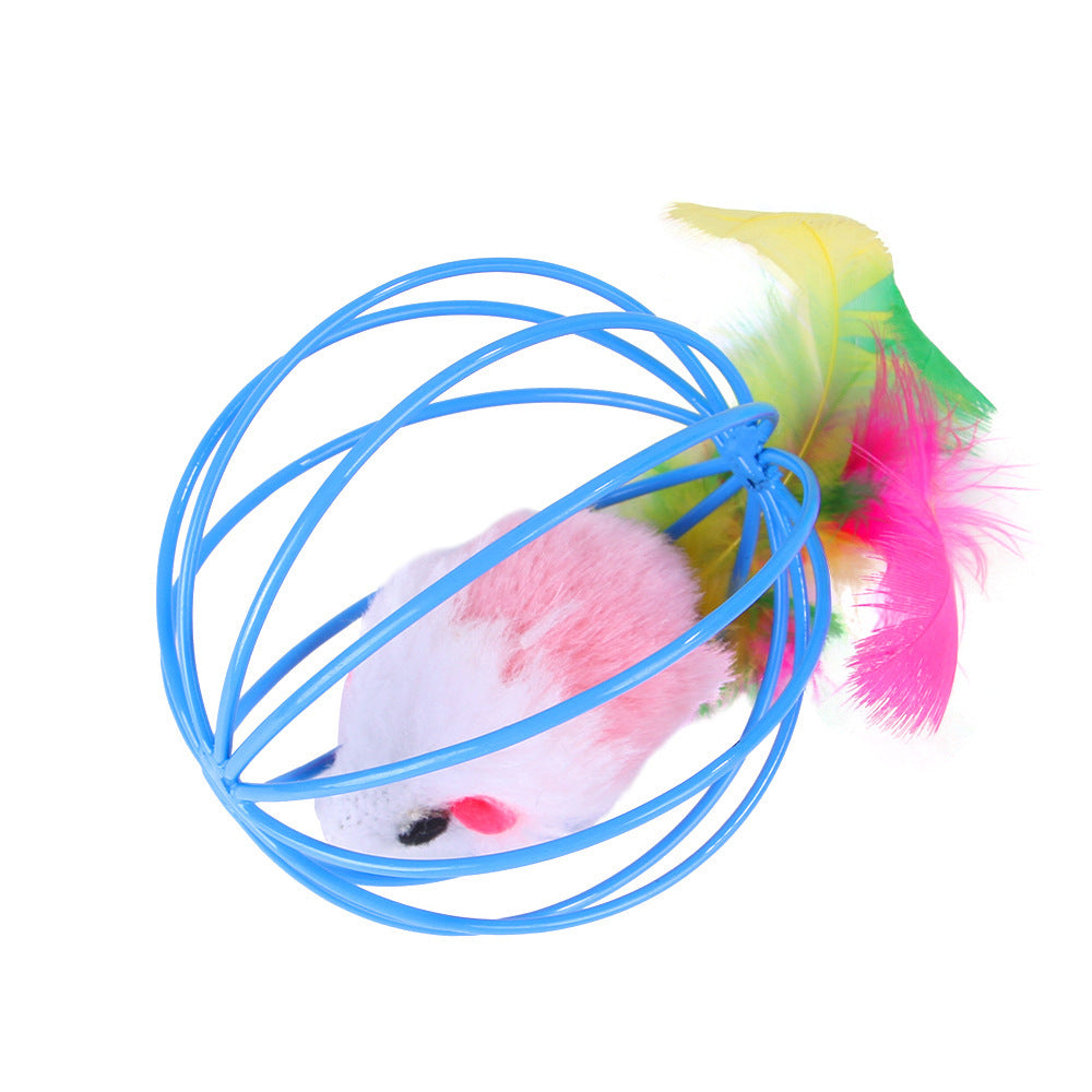 A cat toy consisting of a blue circular frame with a pink and white plush mouse attached to it, with multicolored feathers extending from the mouse.