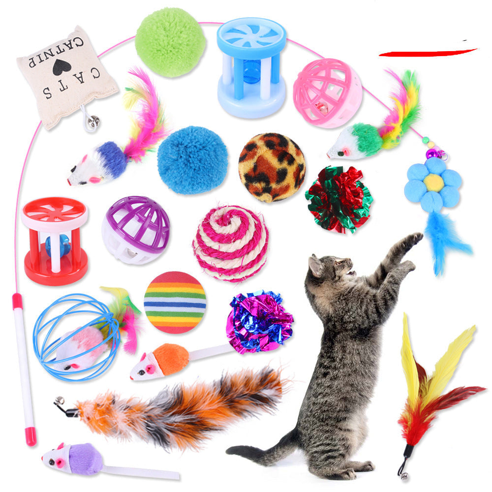 A cat toy consisting of a blue circular frame with a pink and white plush mouse attached to it, with multicolored feathers extending from the mouse.