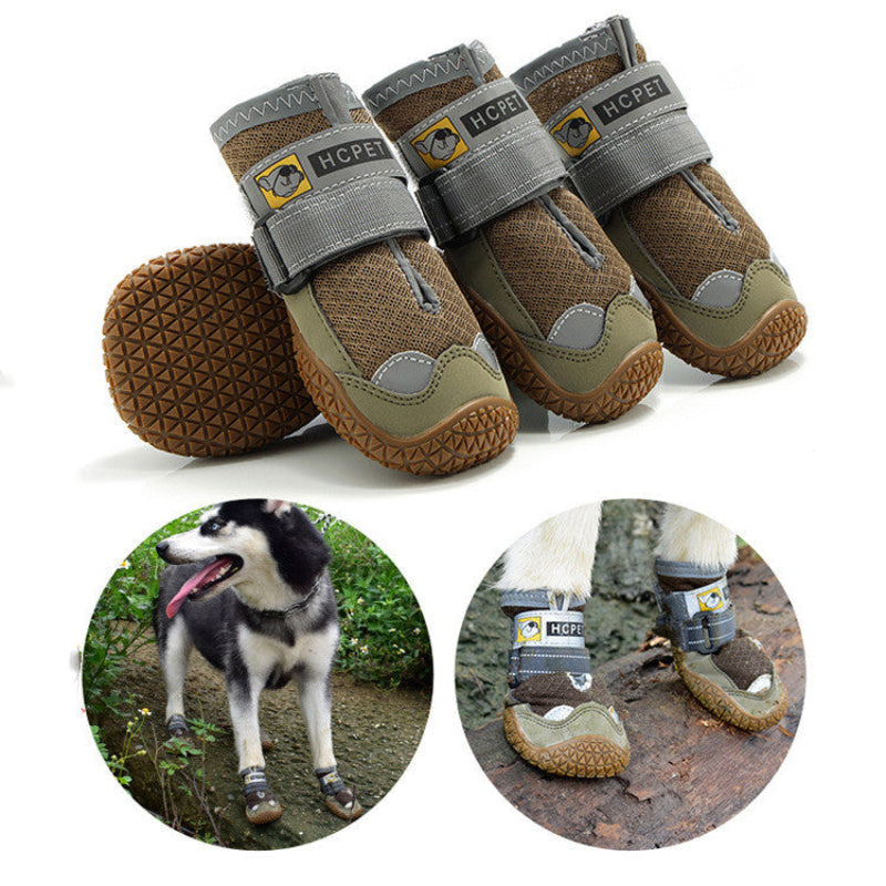 A set of brown breathable anti-slip dog shoes designed for summer, displayed alongside a dog wearing the shoes outdoors.