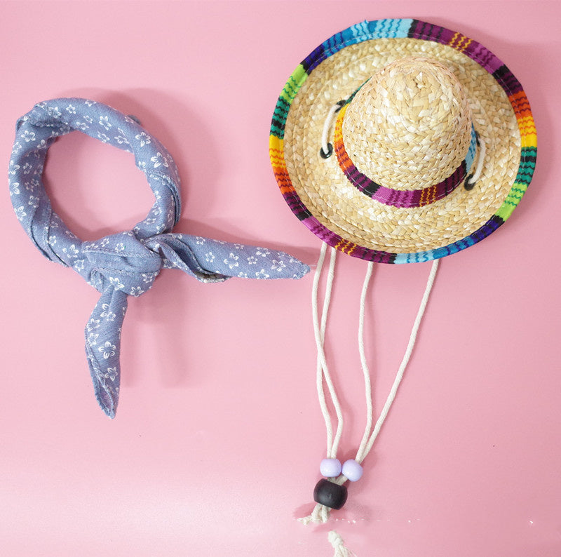 Colorful Straw Hat and Scarf Pet Accessories Summer Outing Set for Dogs and Cats