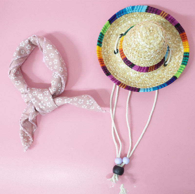 Colorful Straw Hat and Scarf Pet Accessories Summer Outing Set for Dogs and Cats