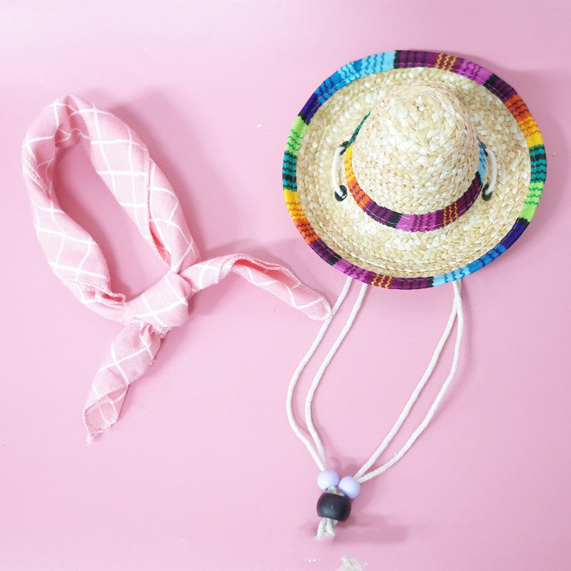 Colorful Straw Hat and Scarf Pet Accessories Summer Outing Set for Dogs and Cats