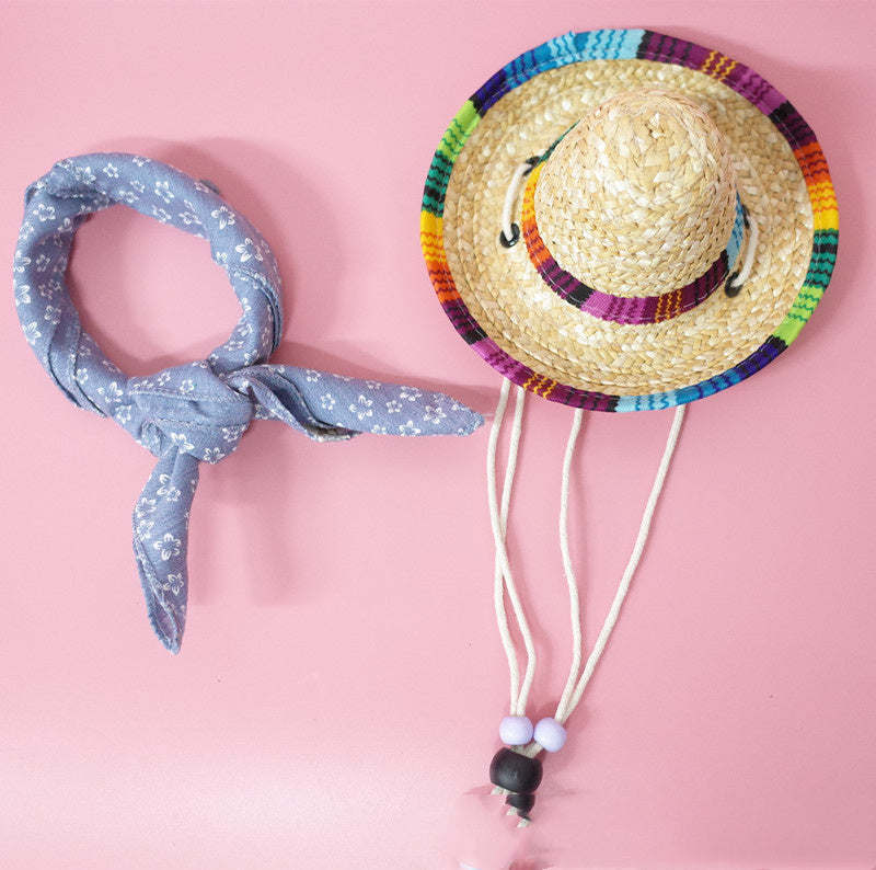 Colorful Straw Hat and Scarf Pet Accessories Summer Outing Set for Dogs and Cats