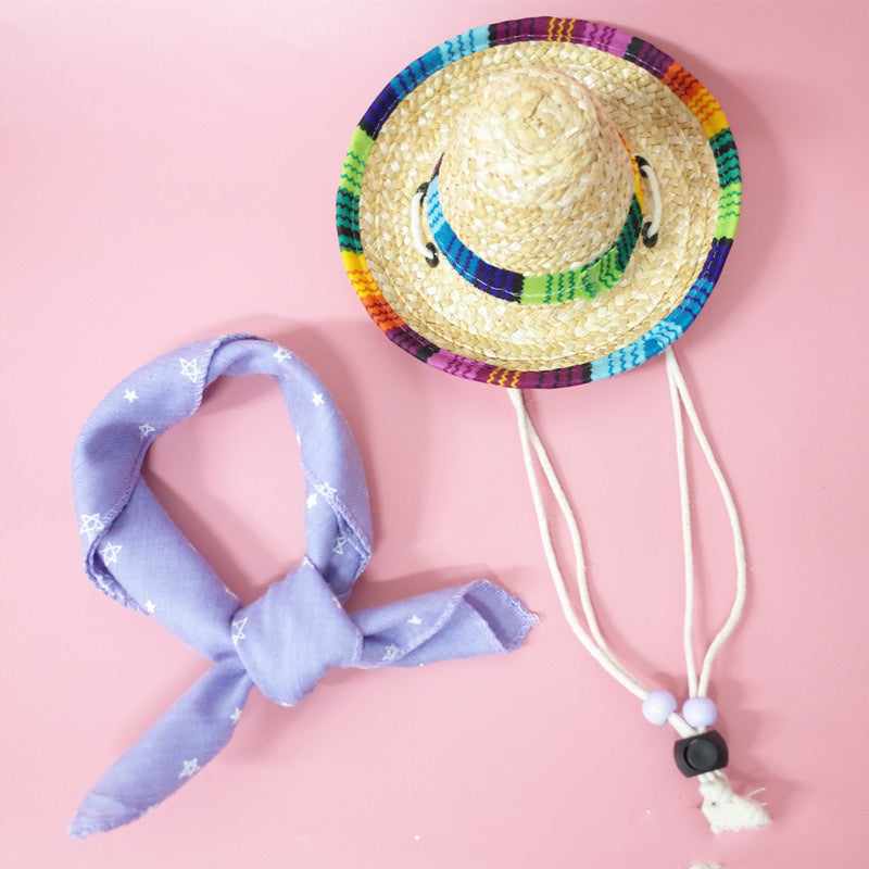 Colorful Straw Hat and Scarf Pet Accessories Summer Outing Set for Dogs and Cats