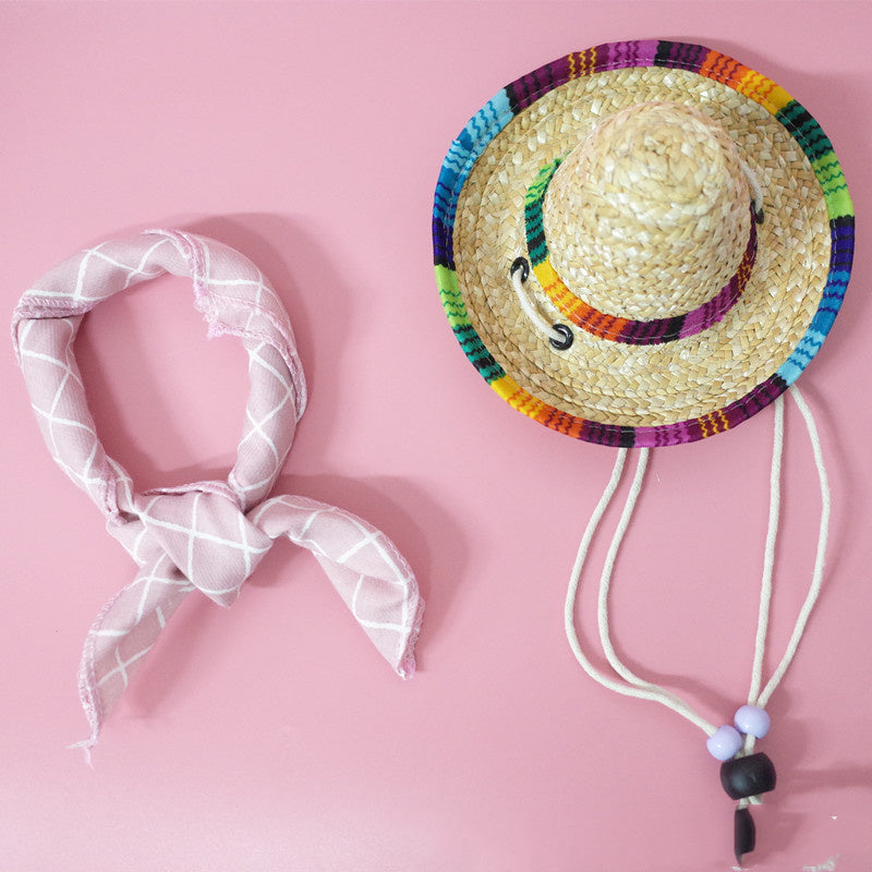 Colorful Straw Hat and Scarf Pet Accessories Summer Outing Set for Dogs and Cats