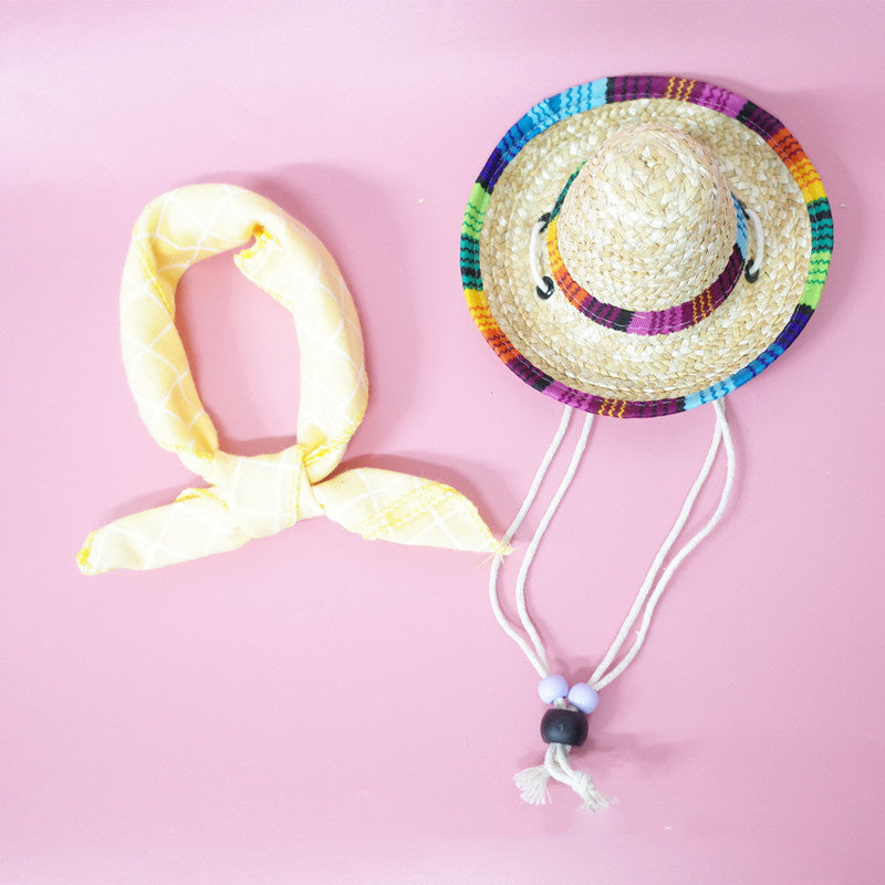 Colorful Straw Hat and Scarf Pet Accessories Summer Outing Set for Dogs and Cats