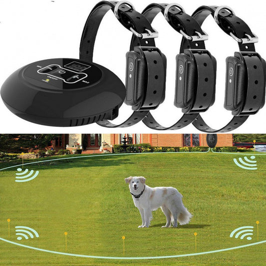 Collars for dogs with a Invisible Electric Fence Transmitter, featuring a black circular device with a range indicator and multiple adjustable settings, accompanied by a visual representation of the radio wave signal extending to cover an outdoor area with a white dog illustration.