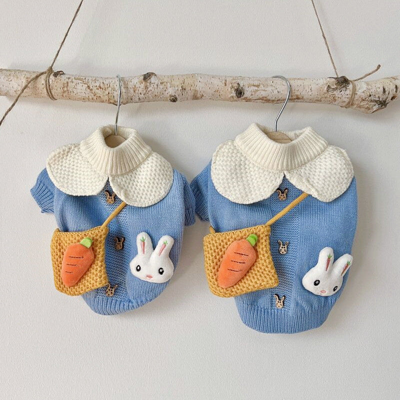 Cute Puppy Sweater Blue Rabbit Knitted Pullover for Dogs and Cats Winter Clothes