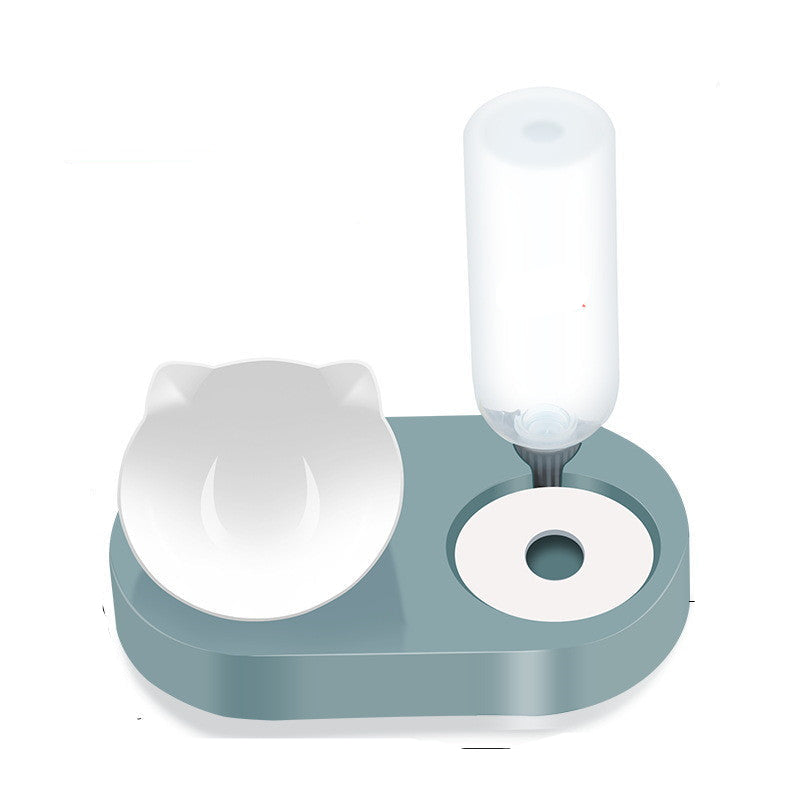 A pet bowl water dispenser in various colors featuring a bowl and a transparent water bottle integrated into the design.