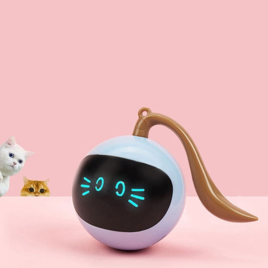 An electric toy ball for cats with a cartoon face on it, marketed as a 'Fitness coach' with a pink background.