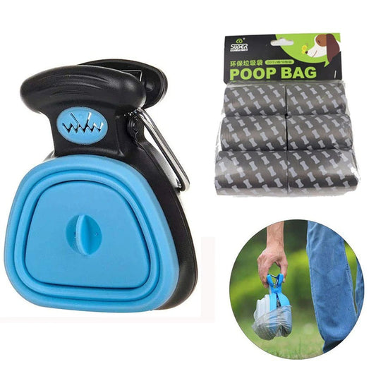 The image shows a foldable dog pooper scooper in blue color with a package of waste bags. There is also a person demonstrating the use of the scooper with a waste bag.