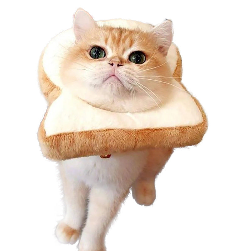 A cat wearing a costume that resembles a loaf of bread with slices missing, resembling a cartoon style headgear.