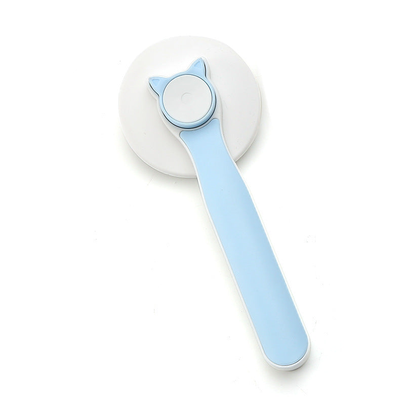A collage image showing a self-cleaning cat and dog grooming brush in blue and pink colors, with a button for releasing hair, stainless steel bristles, and an ergonomic handle. A long-haired dog is also depicted to highlight the product's use.