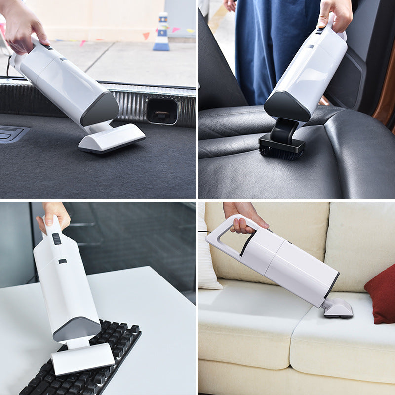 A collage of images showing a wireless handheld vacuum cleaner in white being used on different surfaces such as car interiors and electronic devices, highlighting its compact and portable design.
