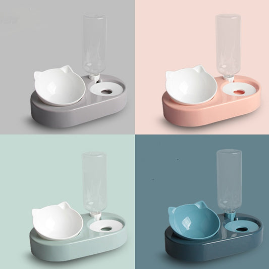 A pet bowl water dispenser in various colors featuring a bowl and a transparent water bottle integrated into the design.