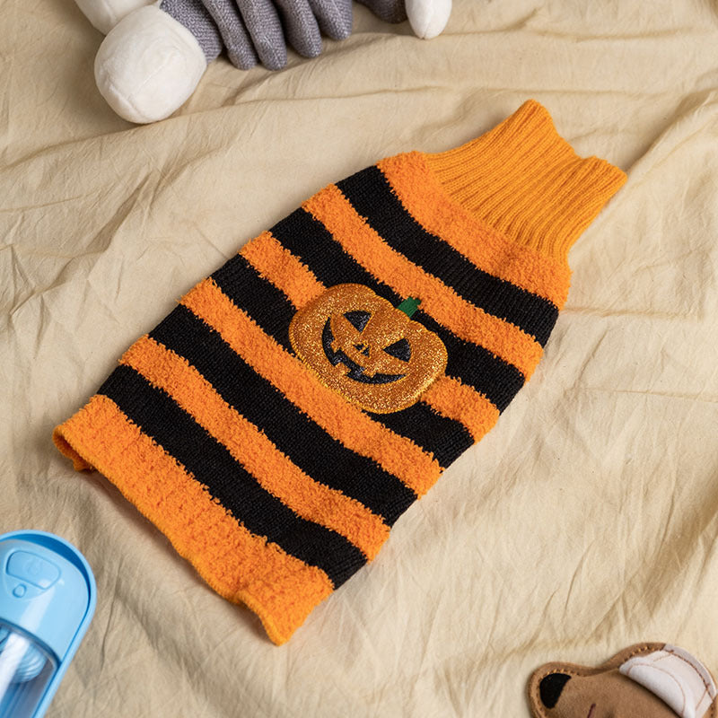 Halloween Dog Sweater with Pumpkin and Bat Pattern