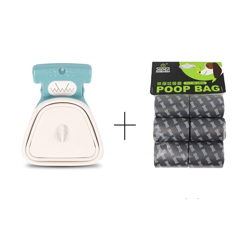 The image shows a foldable dog pooper scooper in blue color with a package of waste bags. There is also a person demonstrating the use of the scooper with a waste bag.