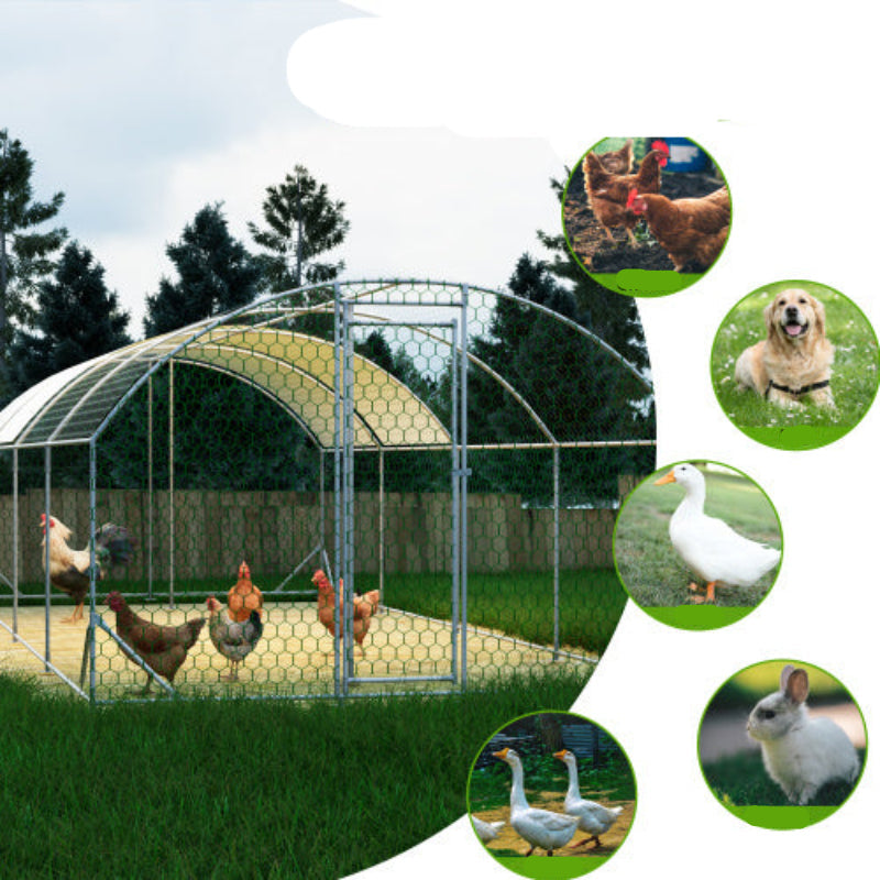 A large metal chicken coop with a waterproof cover, situated in an outdoor backyard farm setting. It includes various poultry such as chickens and ducks inside.