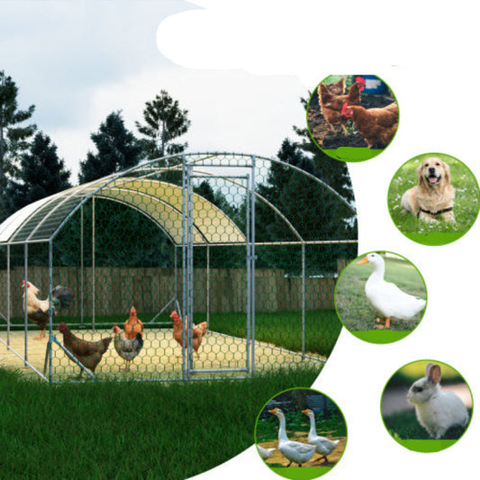 A large metal chicken coop with a waterproof cover, situated in an outdoor backyard farm setting. It includes various poultry such as chickens and ducks inside.