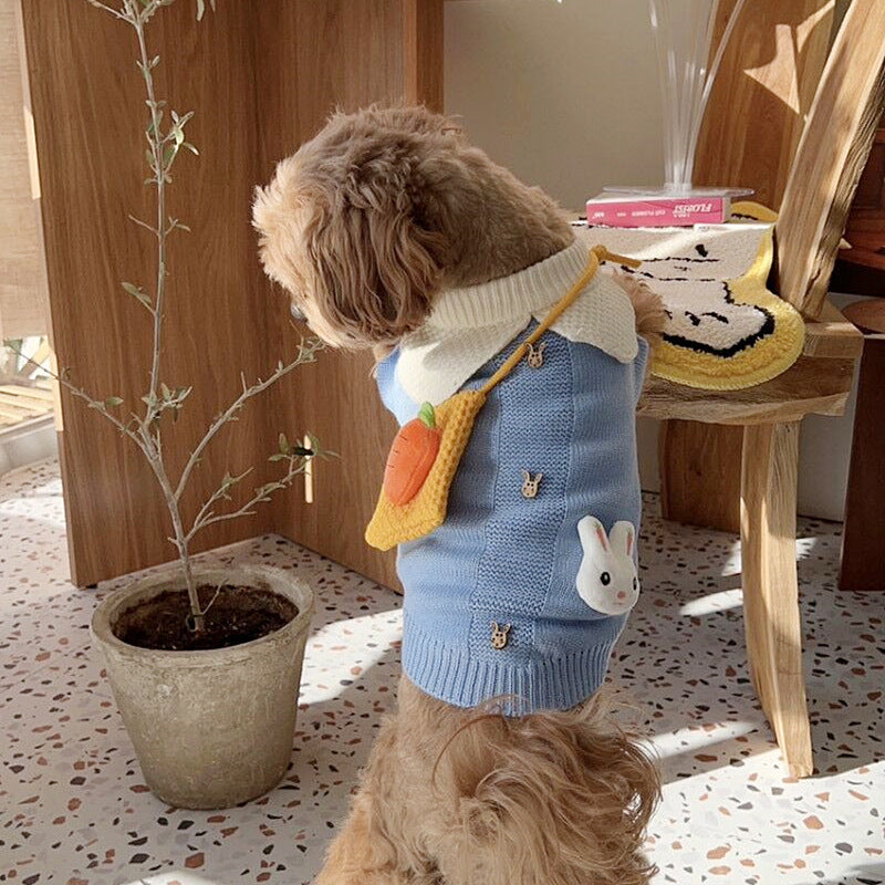 Cute Puppy Sweater Blue Rabbit Knitted Pullover for Dogs and Cats Winter Clothes