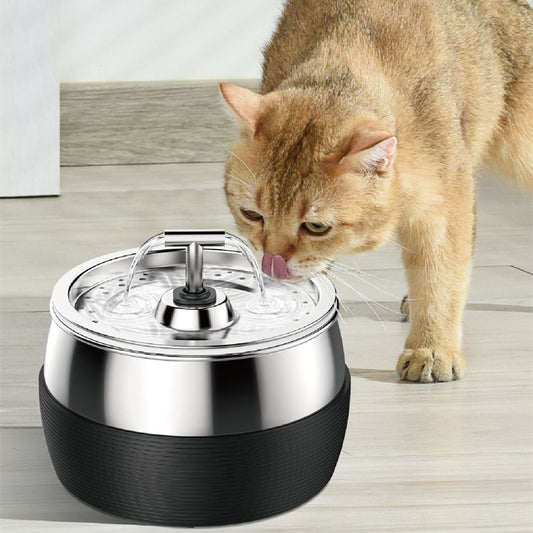 A cat using a silver stainless steel water dispenser with a black base.