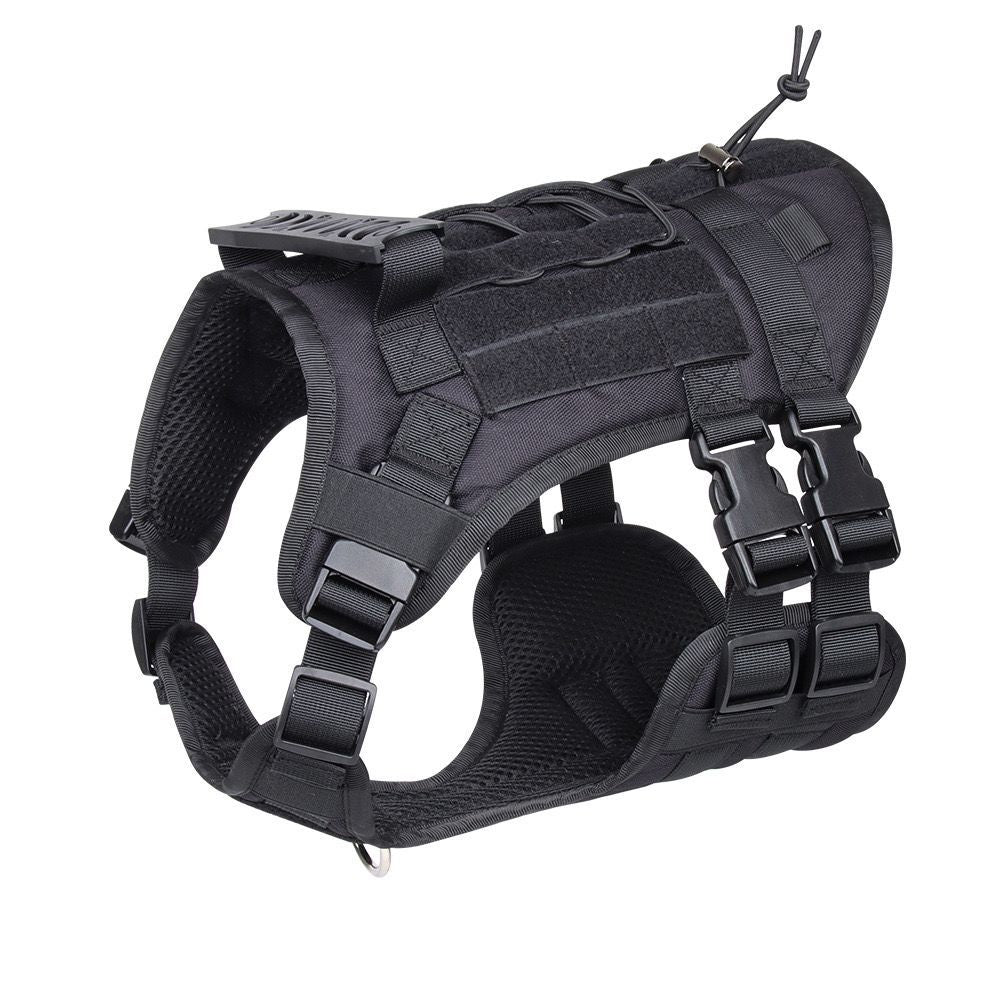 A dog harness designed for tactical use, displayed on a mannequin. The harness is green with black accents, featuring multiple straps and attachment points.