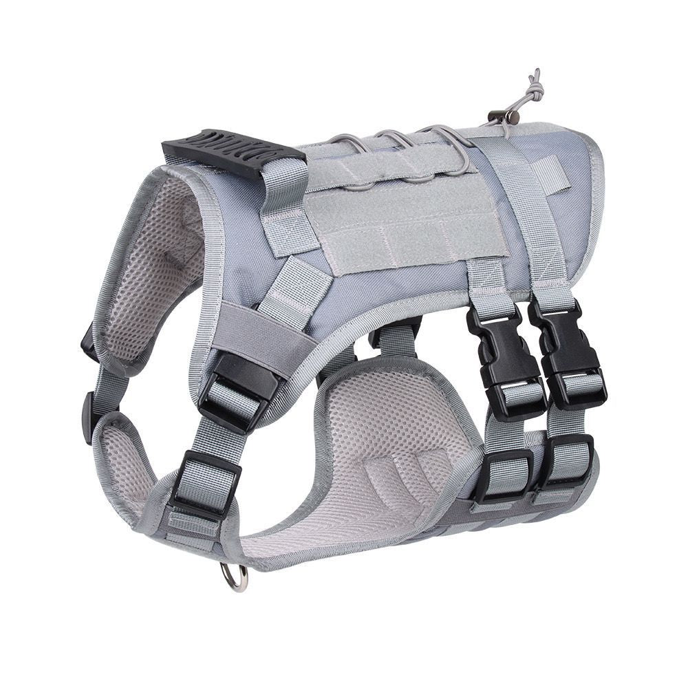 A dog harness designed for tactical use, displayed on a mannequin. The harness is green with black accents, featuring multiple straps and attachment points.