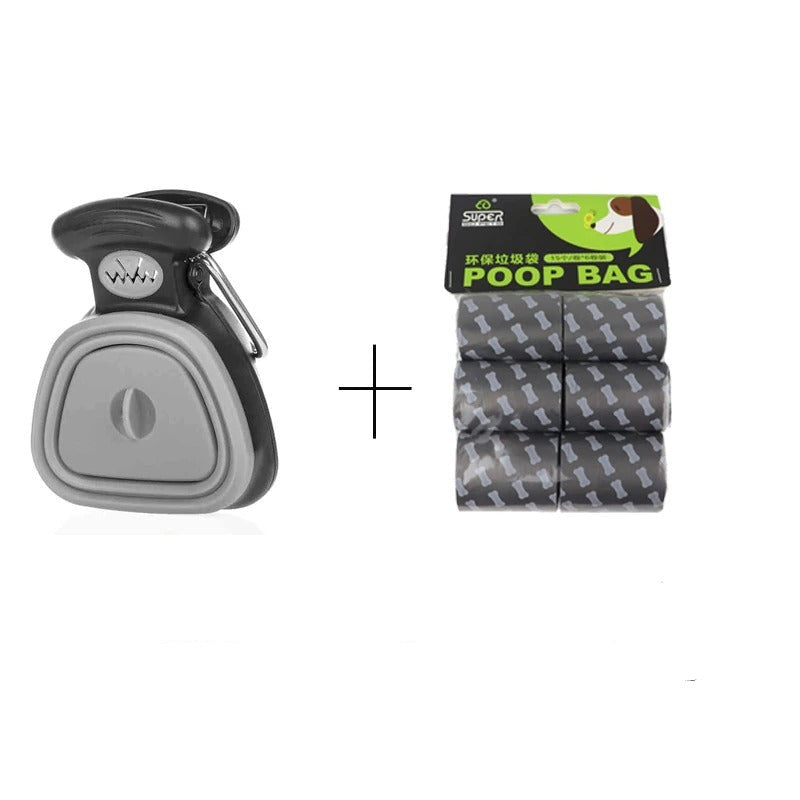 The image shows a foldable dog pooper scooper in blue color with a package of waste bags. There is also a person demonstrating the use of the scooper with a waste bag.