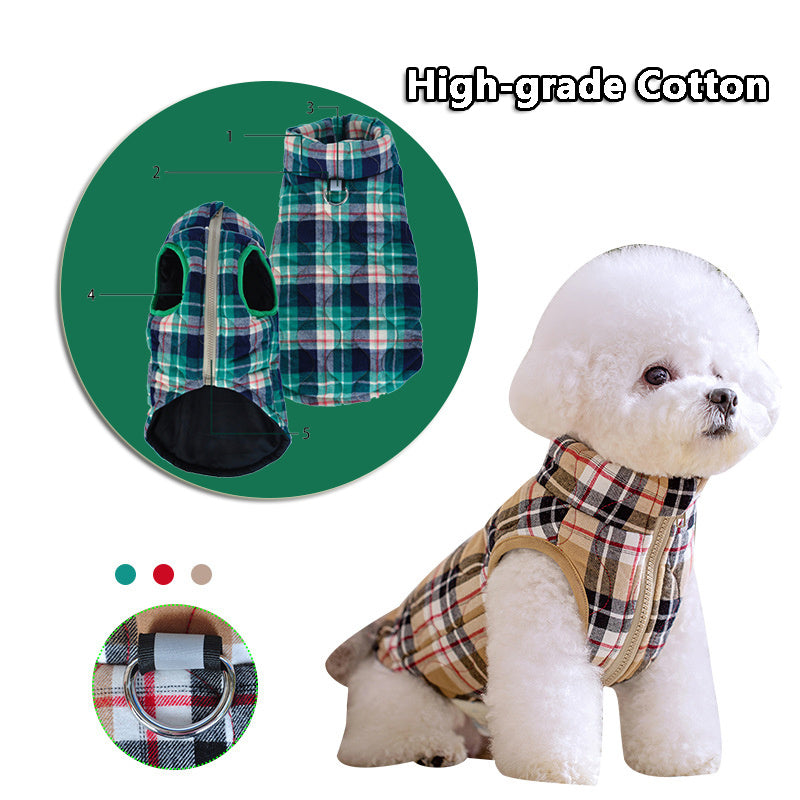 Winter Dog Jacket Quilted Cotton Plaid Zipper Coat for Cold Weather Protection