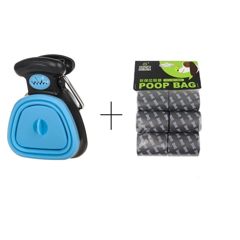 The image shows a foldable dog pooper scooper in blue color with a package of waste bags. There is also a person demonstrating the use of the scooper with a waste bag.