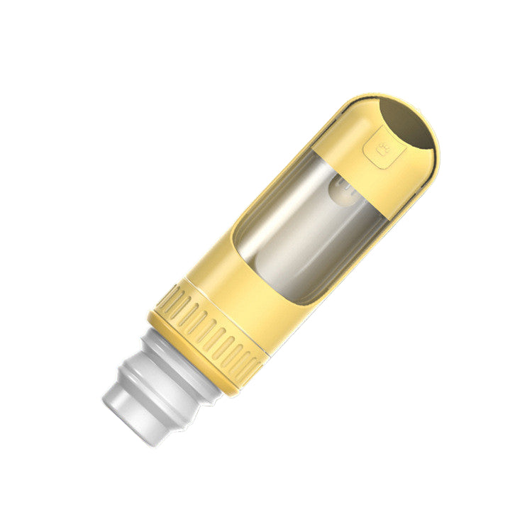 A portable dog water cup attached to a leash, with a corgi dog looking at the camera in the foreground.