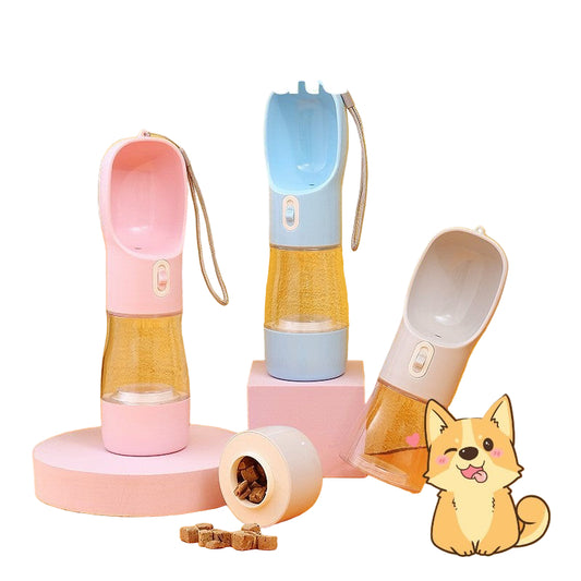 A collection of portable pet water bottles in various colors displayed with a cartoon dog illustration.