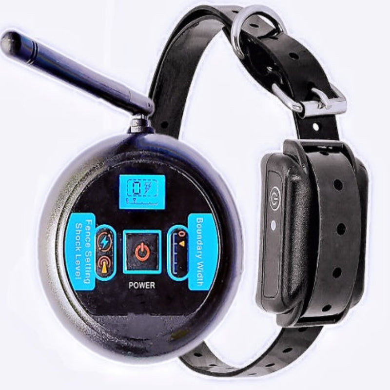 A Wireless Pet Dog Fence system with a waterproof collar and a transmitter range of 150 meters, displayed alongside a dog.
