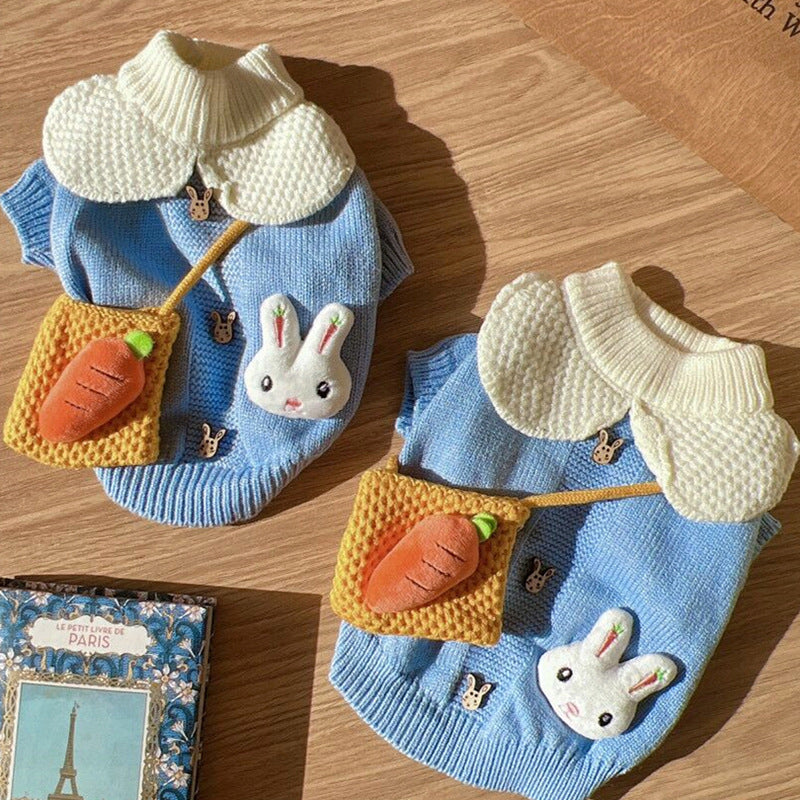 Cute Puppy Sweater Blue Rabbit Knitted Pullover for Dogs and Cats Winter Clothes