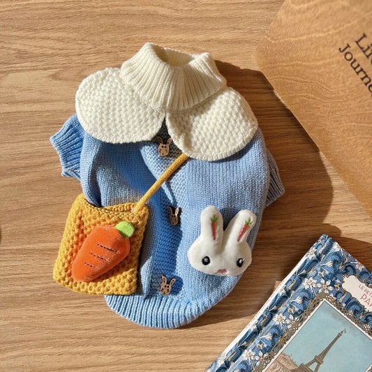 Cute Puppy Sweater Blue Rabbit Knitted Pullover for Dogs and Cats Winter Clothes