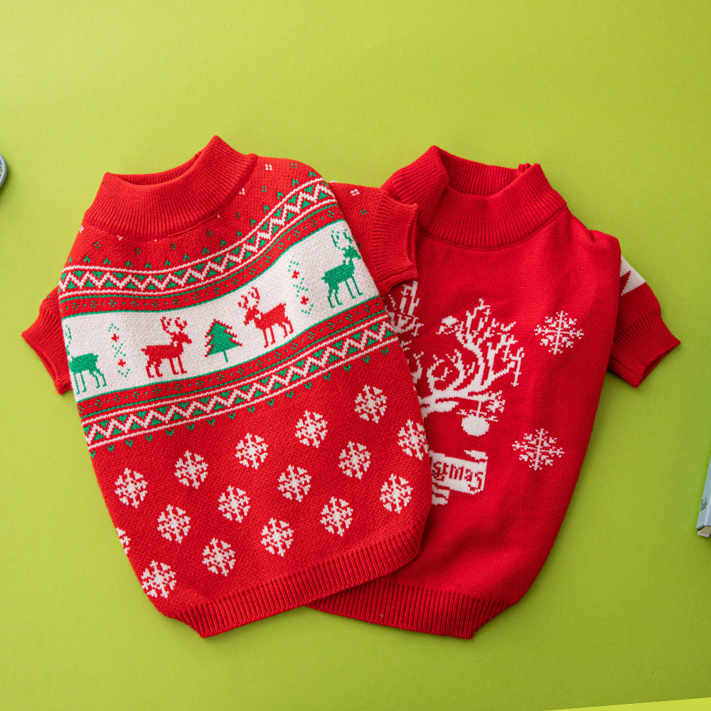 Festive Christmas Dog Sweater with Elk and Tree Design