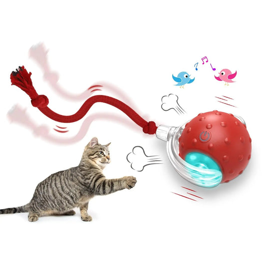 Interactive cat toy ball with a red plush tail and a cat playing with it. The toy has a rope and emits blue and purple lights indicating different modes of play.