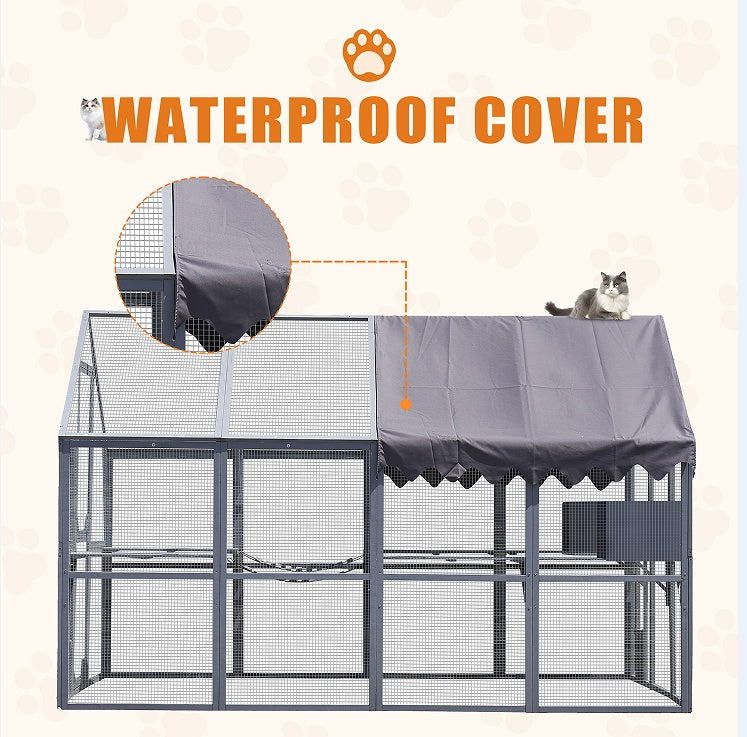 Outdoor Cat House Cat Fence, Upgraded Waterproof Cover - Gray