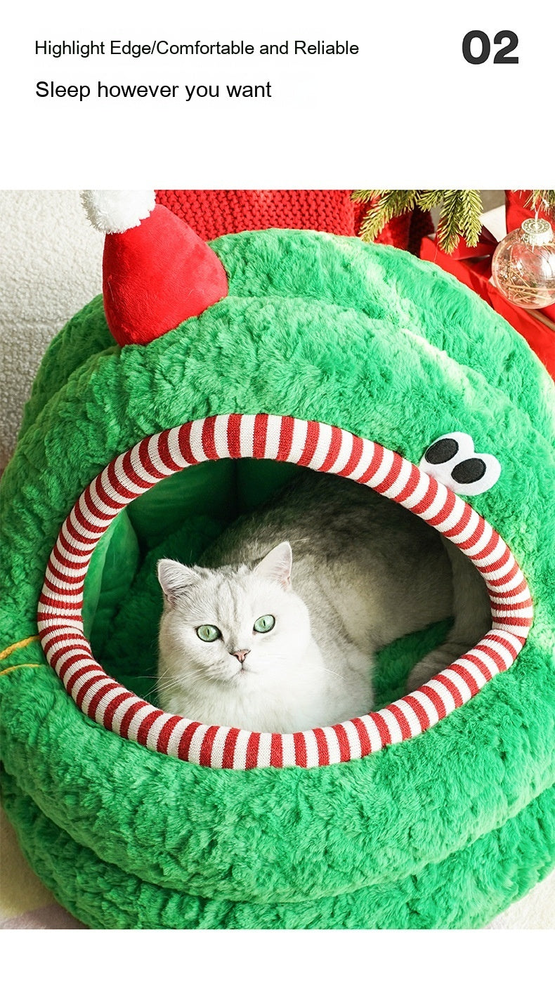 Christmas Green Furry Yurt Cat Nest Semi-closed And Removable Washing