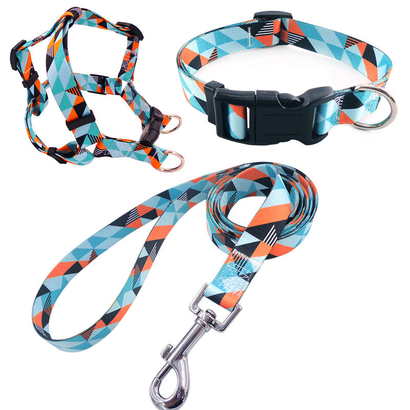 Pet Printing Collar Rope Chest Strap Traction Three-piece Set