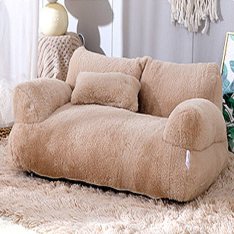 A pet bed sofa in beige color with a cat lying on it, alongside color options shown below the image.