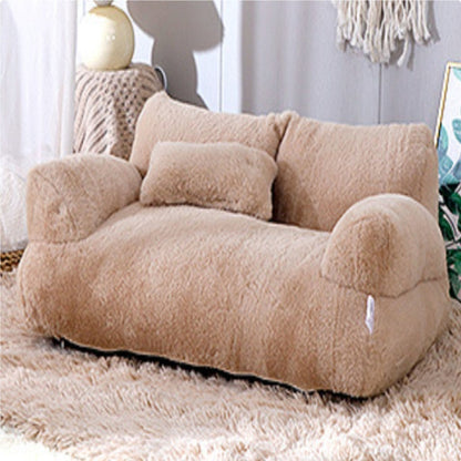 A pet bed sofa in beige color with a cat lying on it, alongside color options shown below the image.