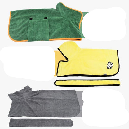 Two dogs wearing green microfiber pet towels with adjustable straps. One is a small white dog and the other is a larger brown and white dog.