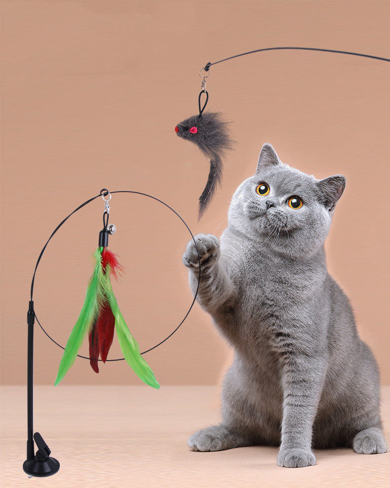 H Hot-selling Sucker Cat Teaser Adsorption Handheld Steel Wire Cat Teaser Multi-head Replaceable Cat Toy Pet Supplies