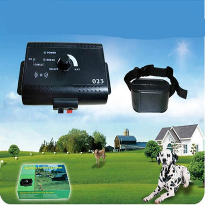Promotional image for an electronic pet fencing system featuring a control unit, a collar, and a graphical representation of a dog within a designated fence area.