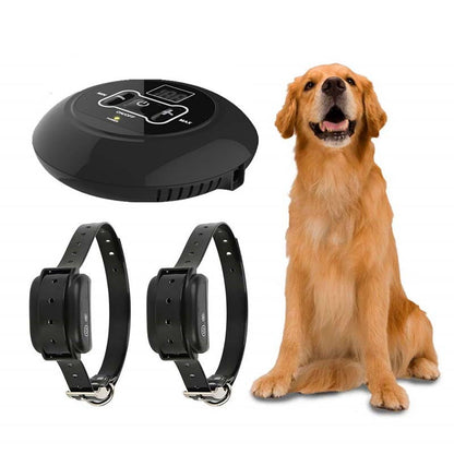 A Wireless Pet Dog Fence system with a waterproof collar and a transmitter range of 150 meters, displayed alongside a dog.