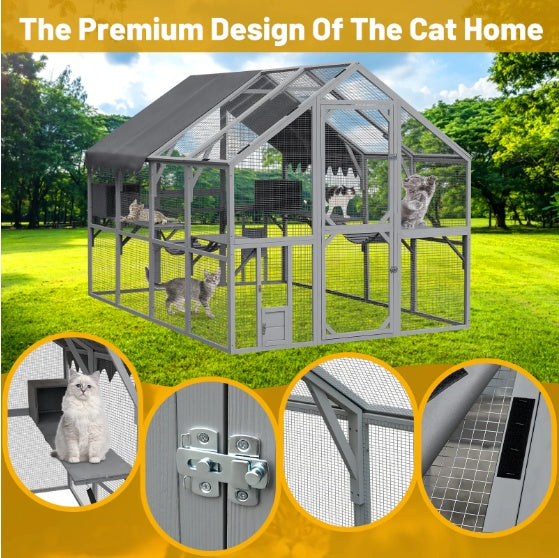 Outdoor Cat House Cat Enclosures 110 Large Kitten Playpen With Platforms,Upgrade Waterproof Cover-grey